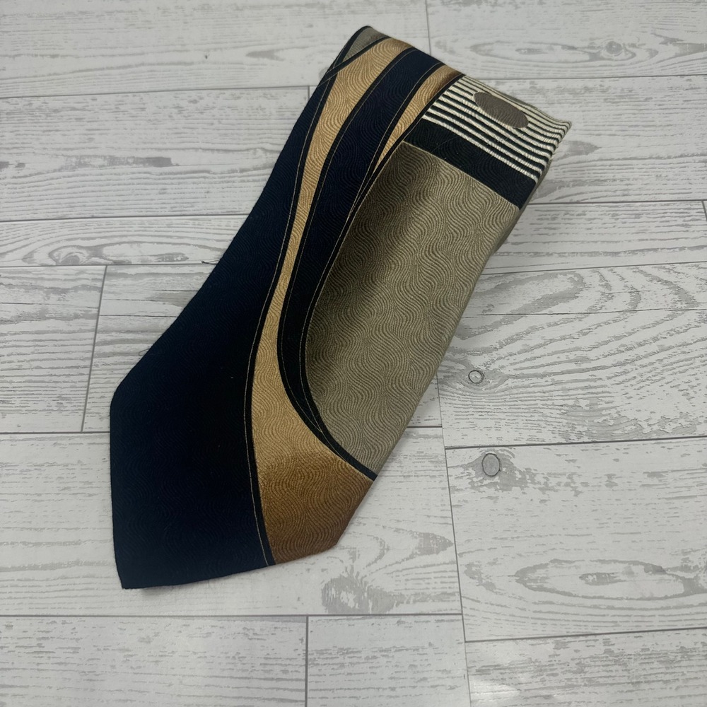 Giorgio Brutini Collezione Mens Silk Tie Navy Blue Gold Tan Geometric Abstract
